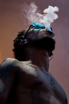 Slim Jxmmi of the hip-hop duo Rae Sremmurd blows smoke out of his mouth during the group’s performance at the Ottawa Bluesfest music festival on July 14, 2018.